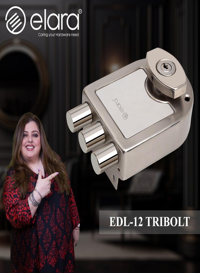 إلارا قفل باب Elara Deadbolt Tribolt 2CK، قفل حافة، مزلاج للمنزل، أقفال أبواب للباب الرئيسي مع 4 مفاتيح نحاسية قابلة للعكس (تشطيب SS، EDL-12، Tribolt، مفتاح Ultra) - Image 2